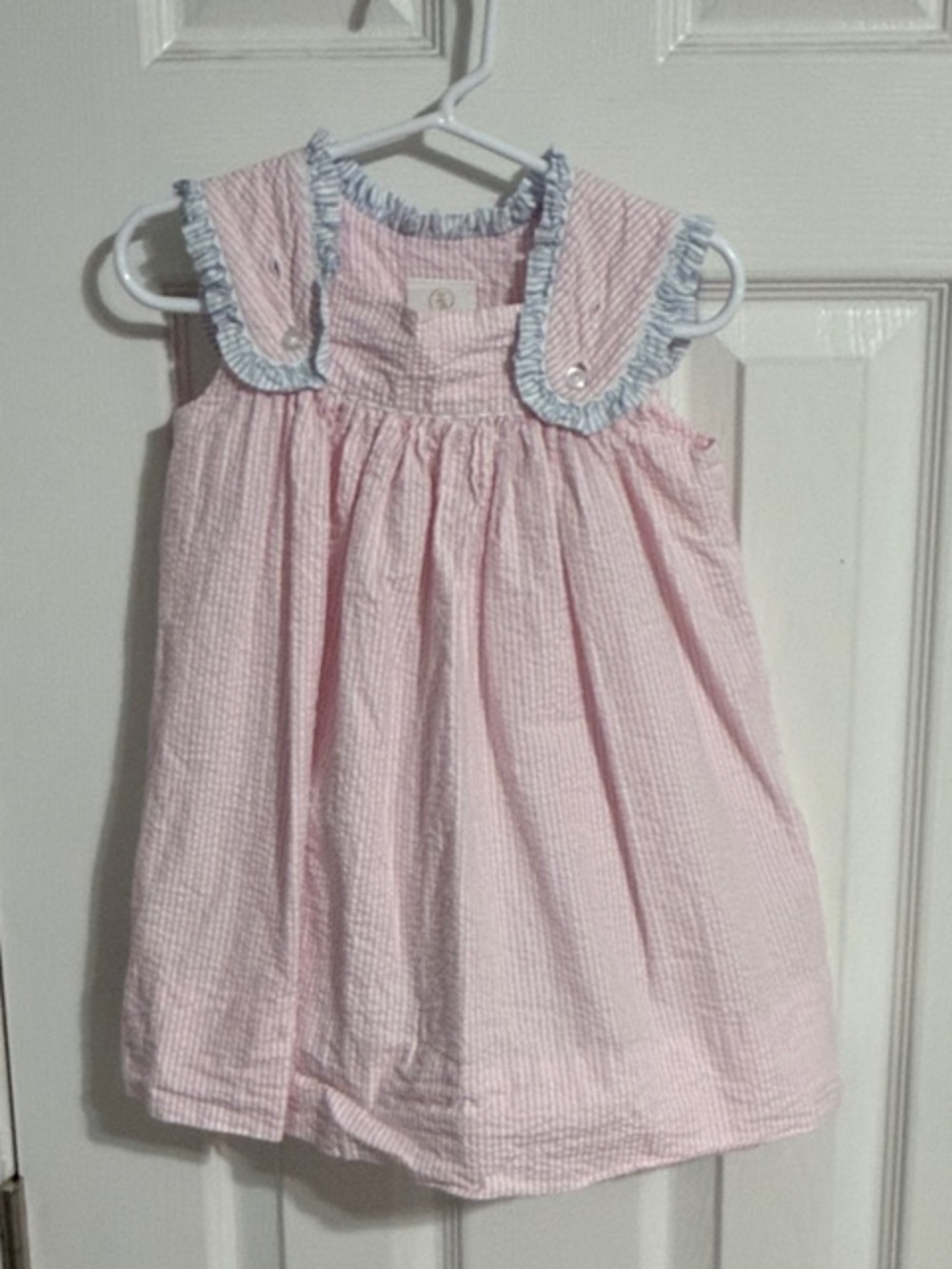 Lullaby set Girls Pink Seersucker Dress with Blue Ruffle Collar